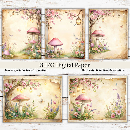 Vintage Pink Mushroom Digital Paper Pack Bundle