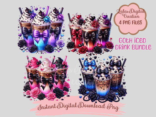 Cute Goth Coquette Bow Coffee Iced Drink Clipart Bundle Instant Digital PNG Download