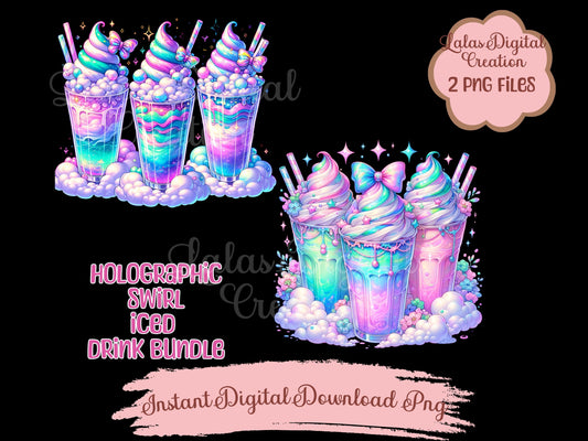 Holographic Swirl Iced Drink Clipart Bundle Instant Digital PNG Download