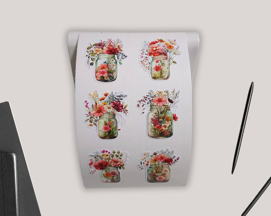 Mason Jar Floral Sticker Sheet-Waterproof Vinyl Durable-Scrapbook Stickers-Novelty Sticker