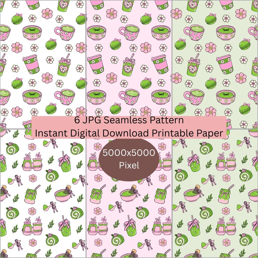 Pink Green Matcha Tea Seamless Repeating Pattern Paper Bundle Set