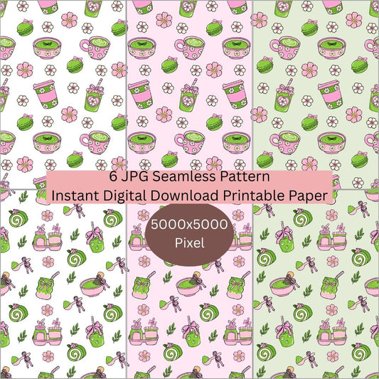Pink Green Matcha Tea Seamless Repeating Pattern Paper Bundle Set