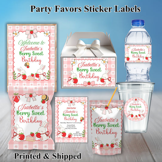 Strawberry Bunny Party sticker Labels