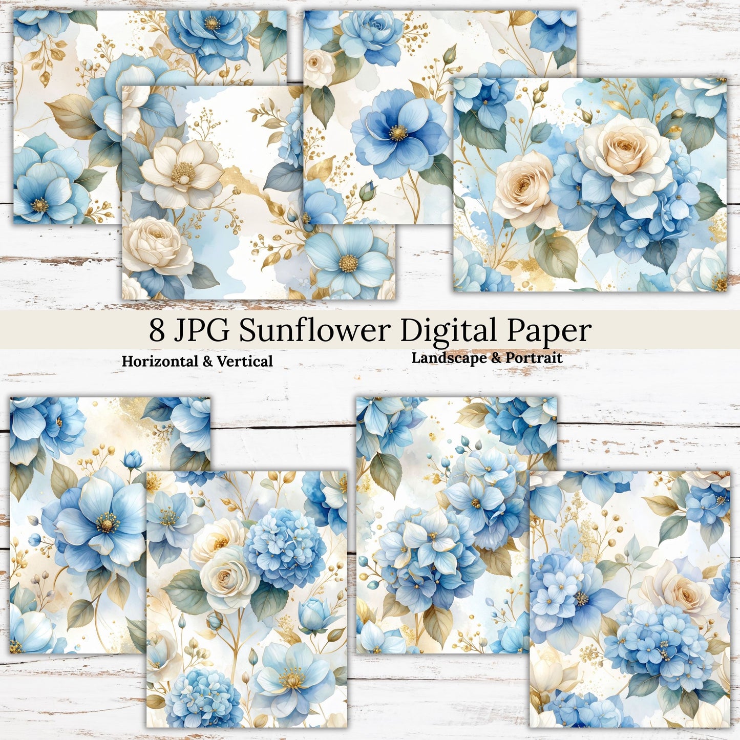 Blue Floral Digital Paper Pack Bundle