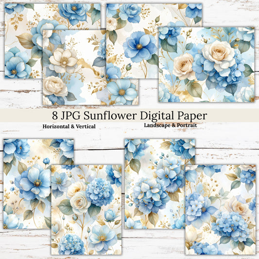 Blue Floral Digital Paper Pack Bundle