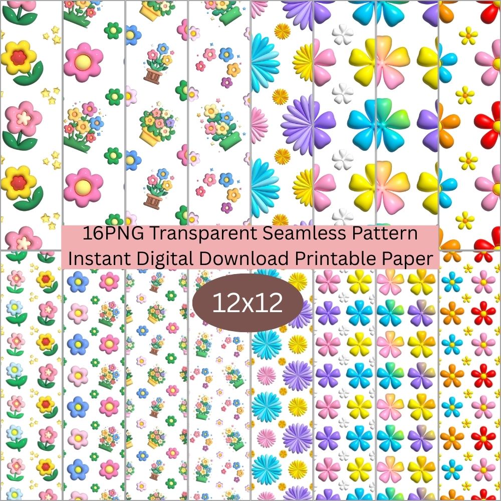 3d Flower Power Seamless Digital Pattern Paper Bundle