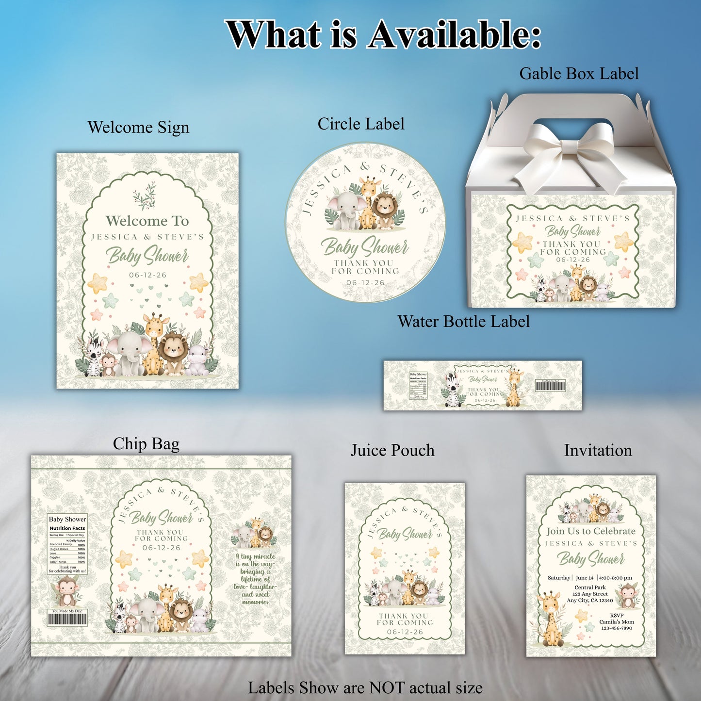 Safari Animals Neutral Baby Shower Party Sticker Labels