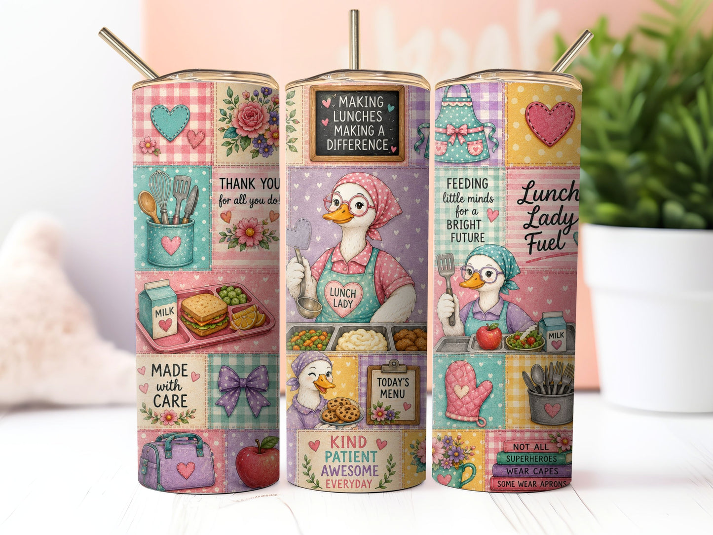 School Lunch Lady Geese Sublimation 20oz Tumbler Wrap PNG Digital Download