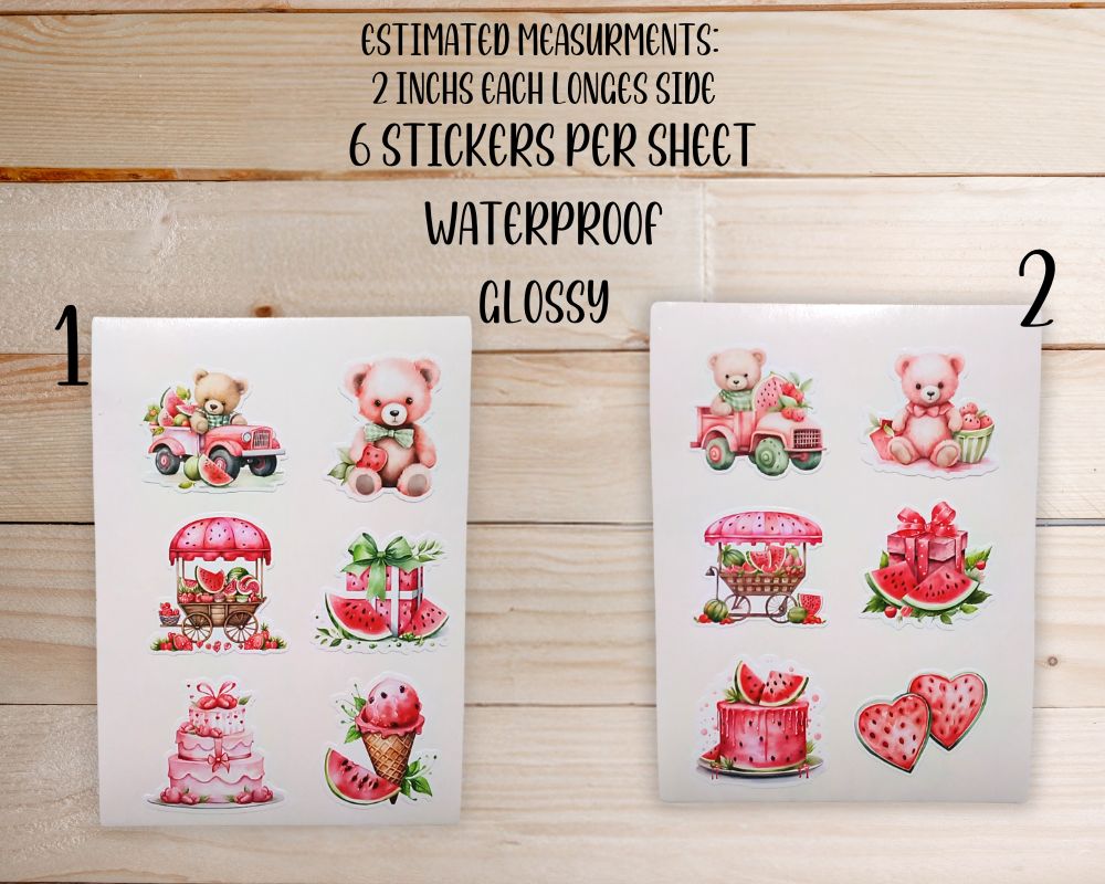 Watermelon Bears Sticker Sheet-Waterproof Vinyl Durable-Scrapbook Stickers-Novelty Sticker