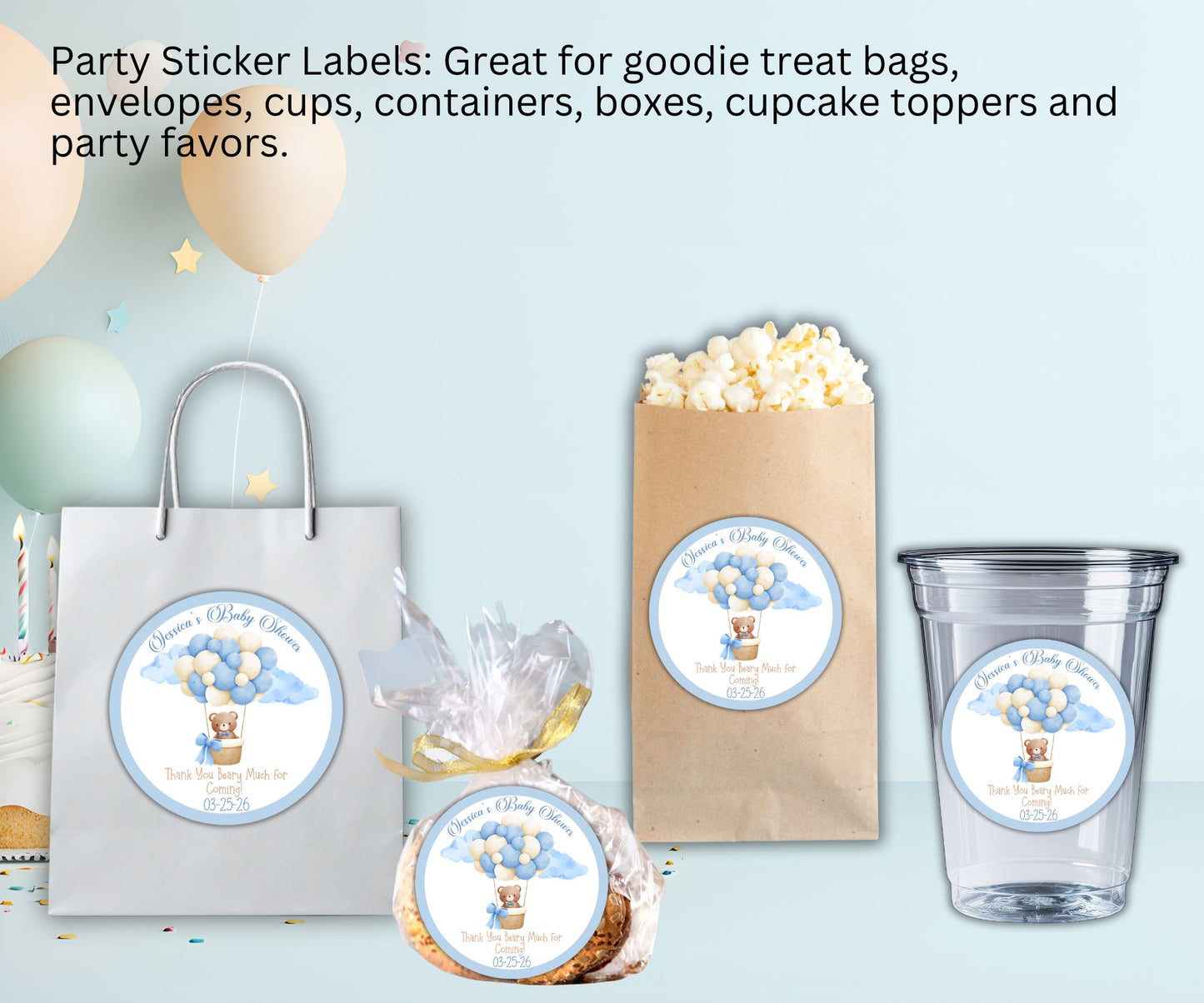 Baby Boy Balloon Bear Baby Shower Party Sticker Labels