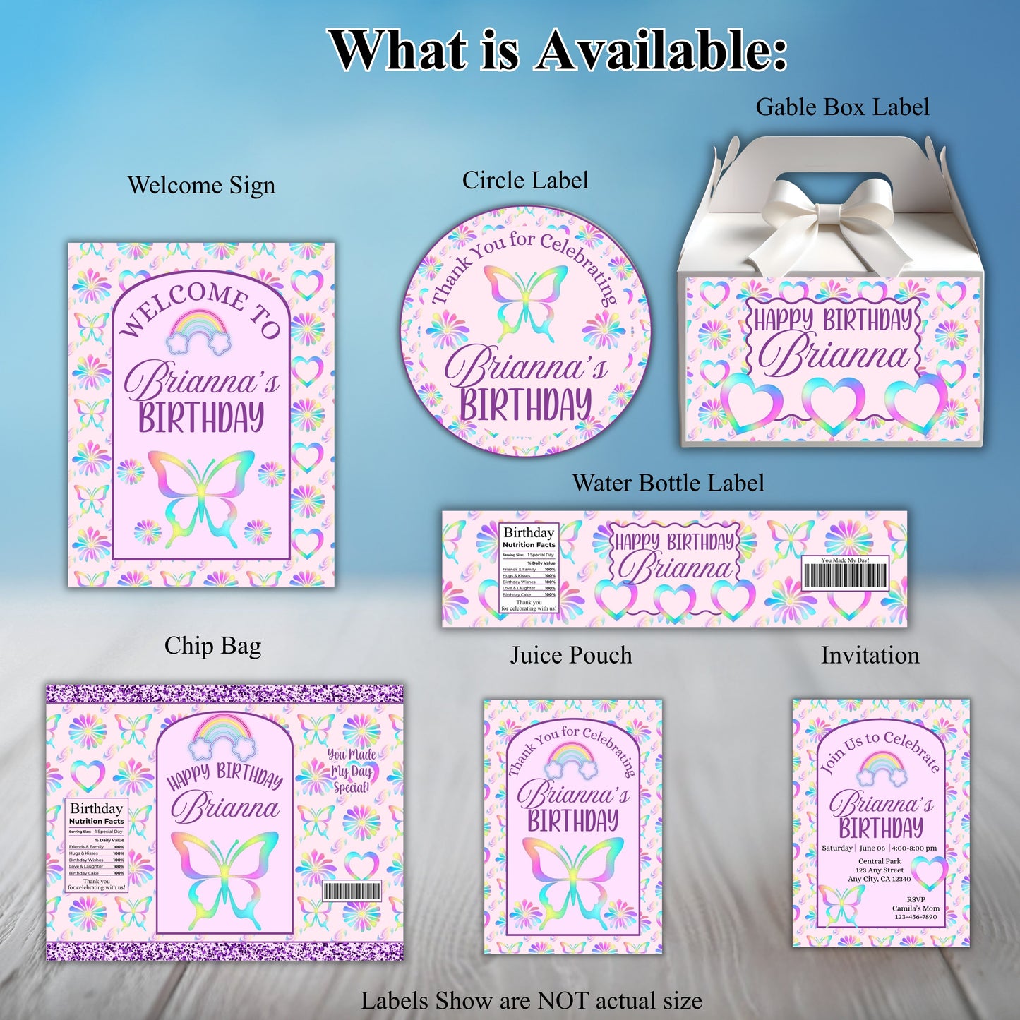 Rainbow Butterfly Girls Party Sticker Labels