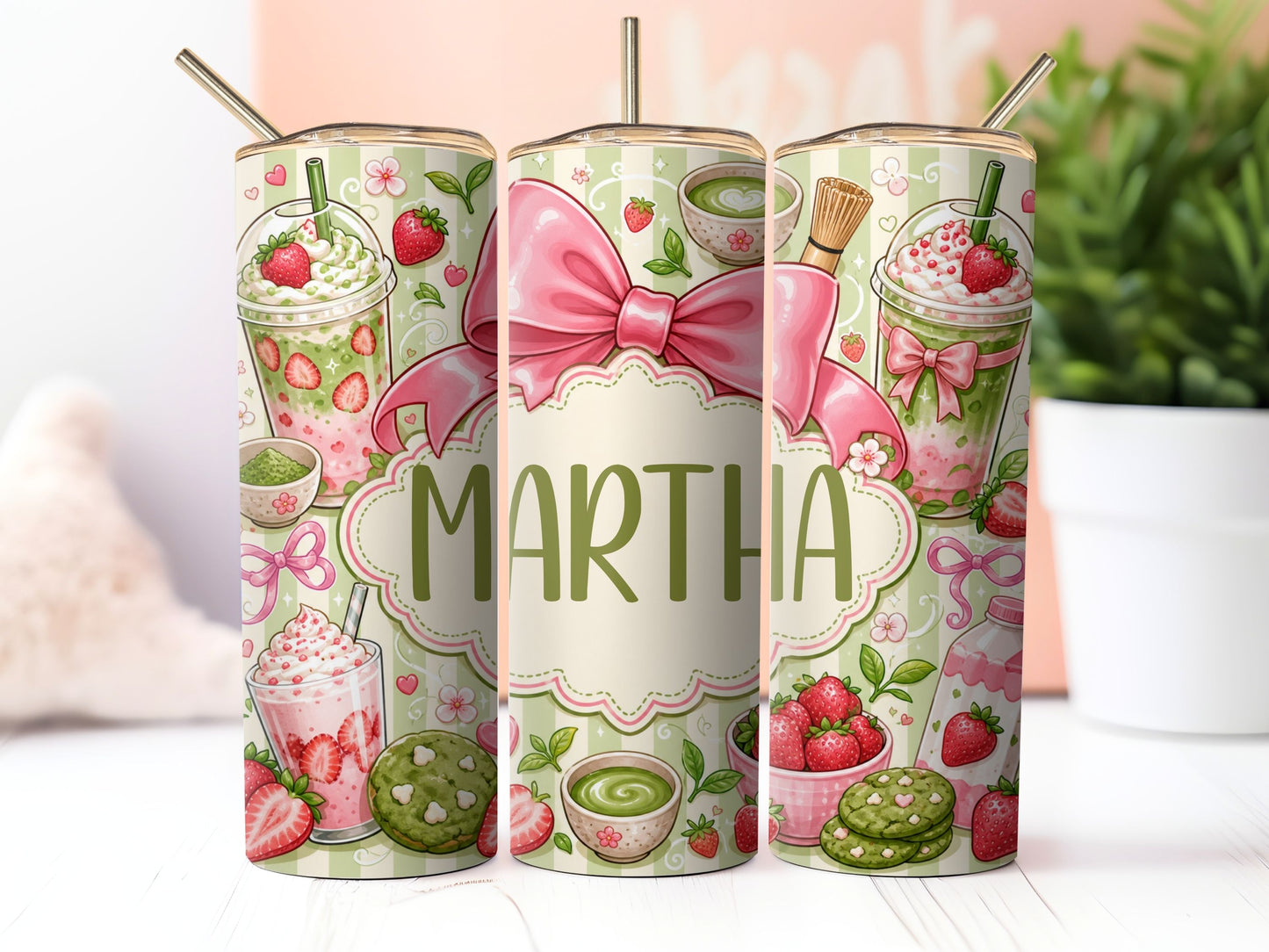 Strawberry & Green Matcha Lunch Lady Sublimation 20oz Tumbler Wrap PNG Digital Download