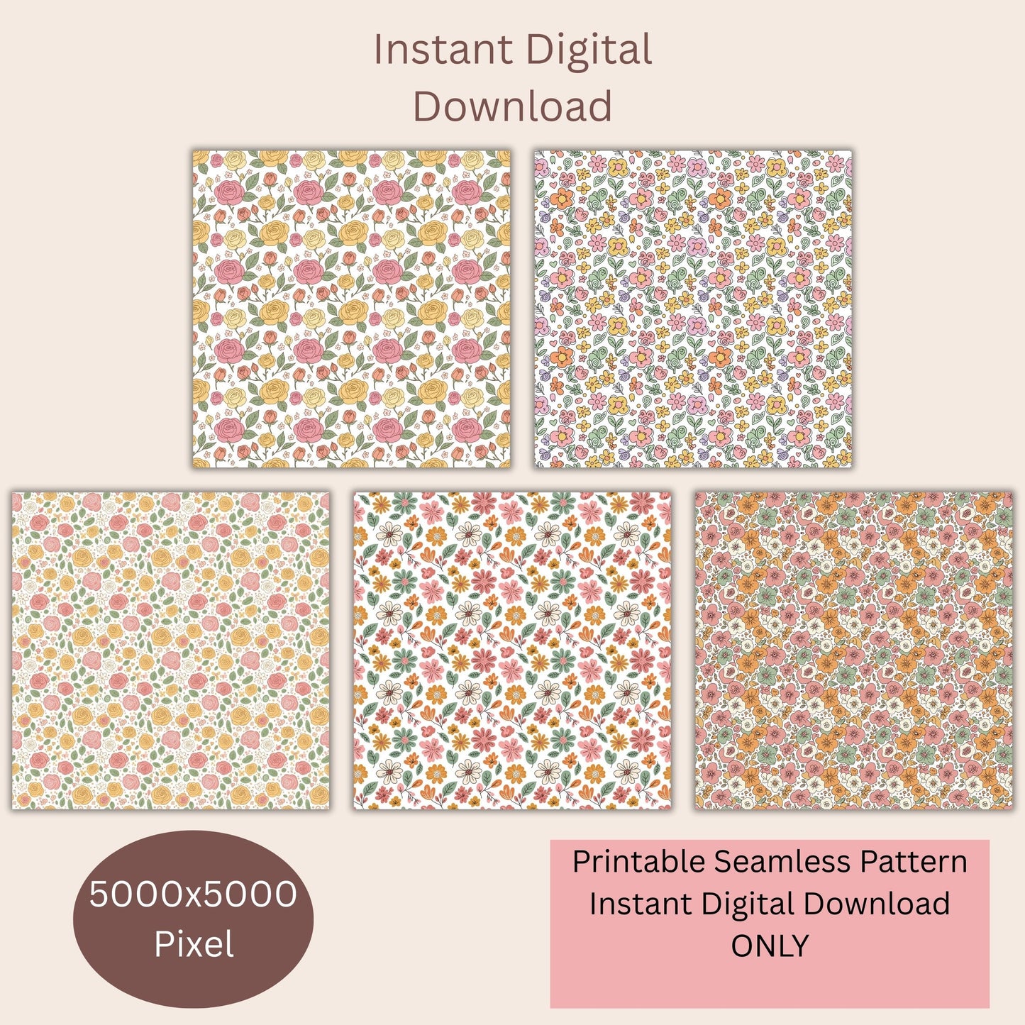 Doodle Floral Seamless Repeating Pattern Paper Bundle