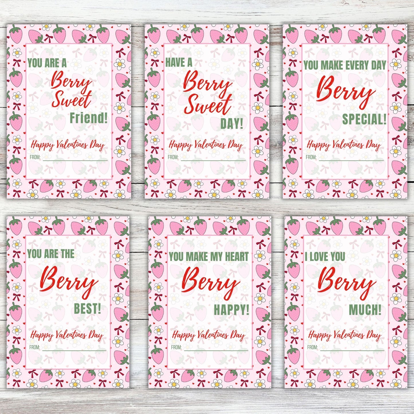 Pink Strawberry Valentines Day Card Bundle Printable Digital Cards