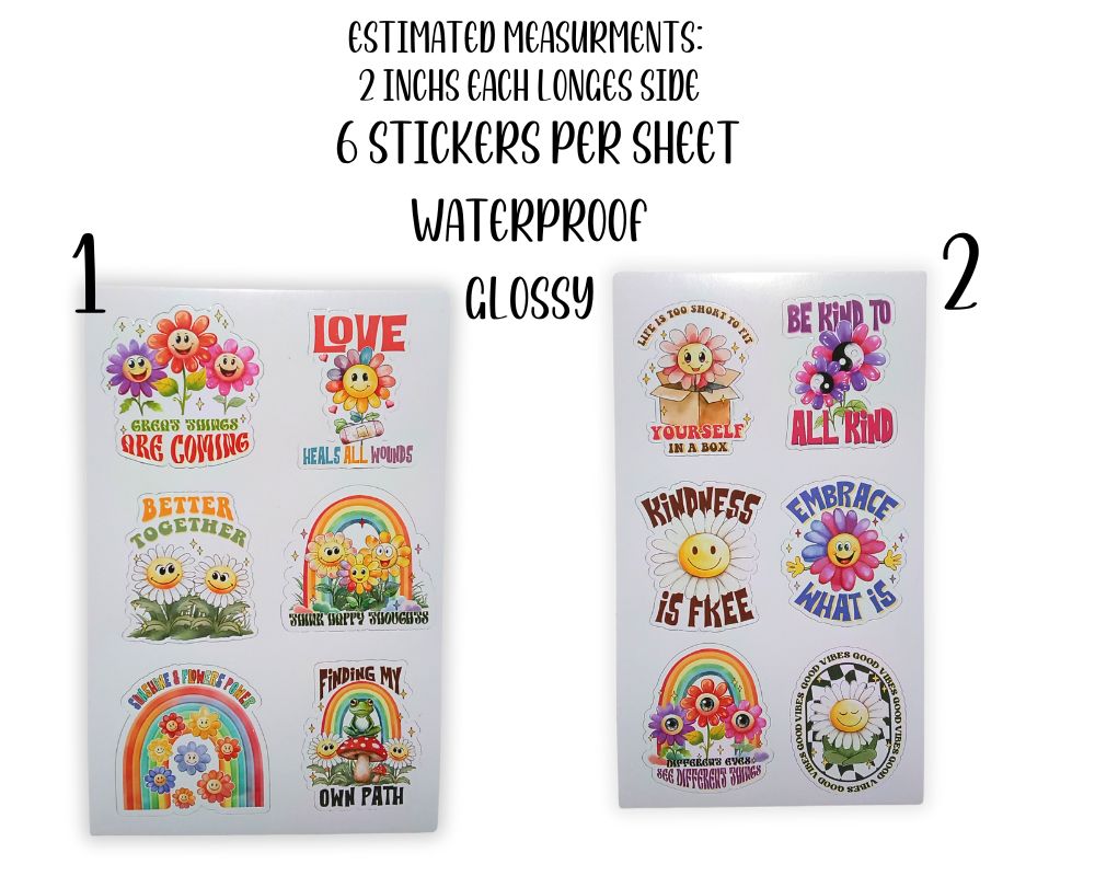 Positive Retro Flowers Sticker Sheet-Waterproof Vinyl Durable-Scrapbook Stickers-Novelty Sticker