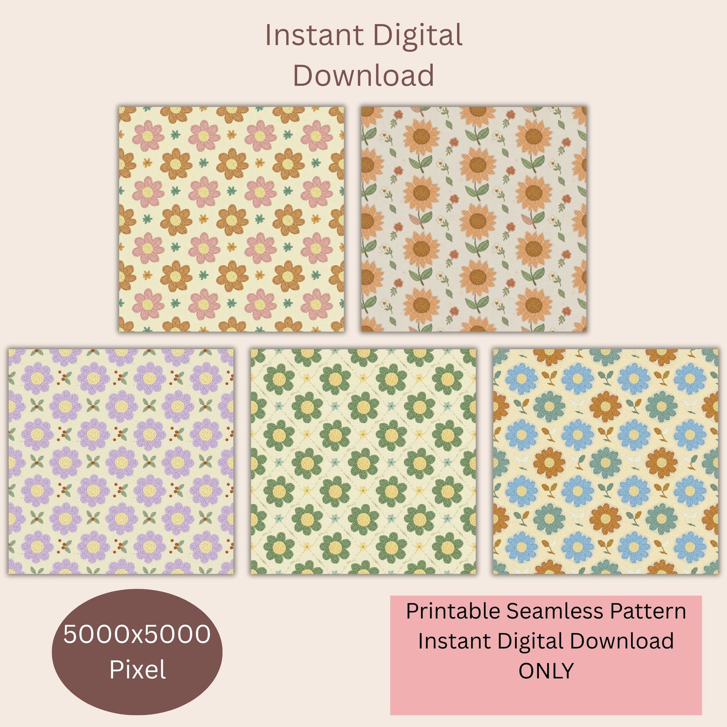 Faux Crochet Floral Seamless Repeating Pattern Paper Bundle