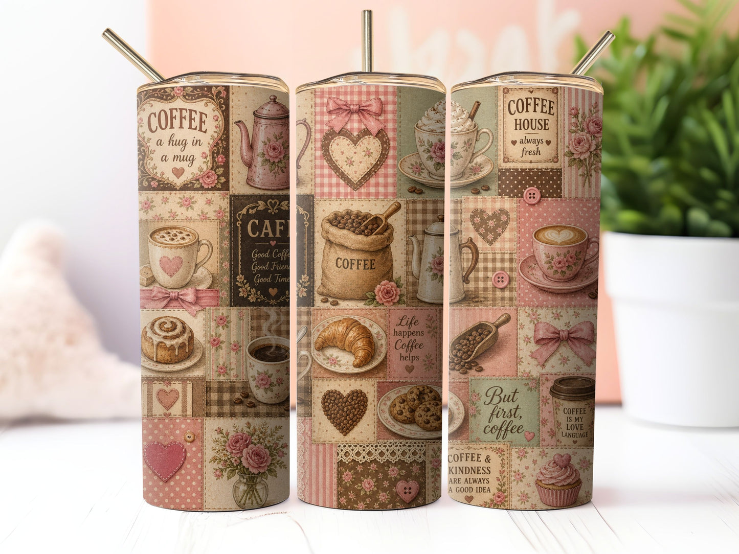 Coffee Patchwork Sublimation 20oz Tumbler Wrap PNG Digital Download