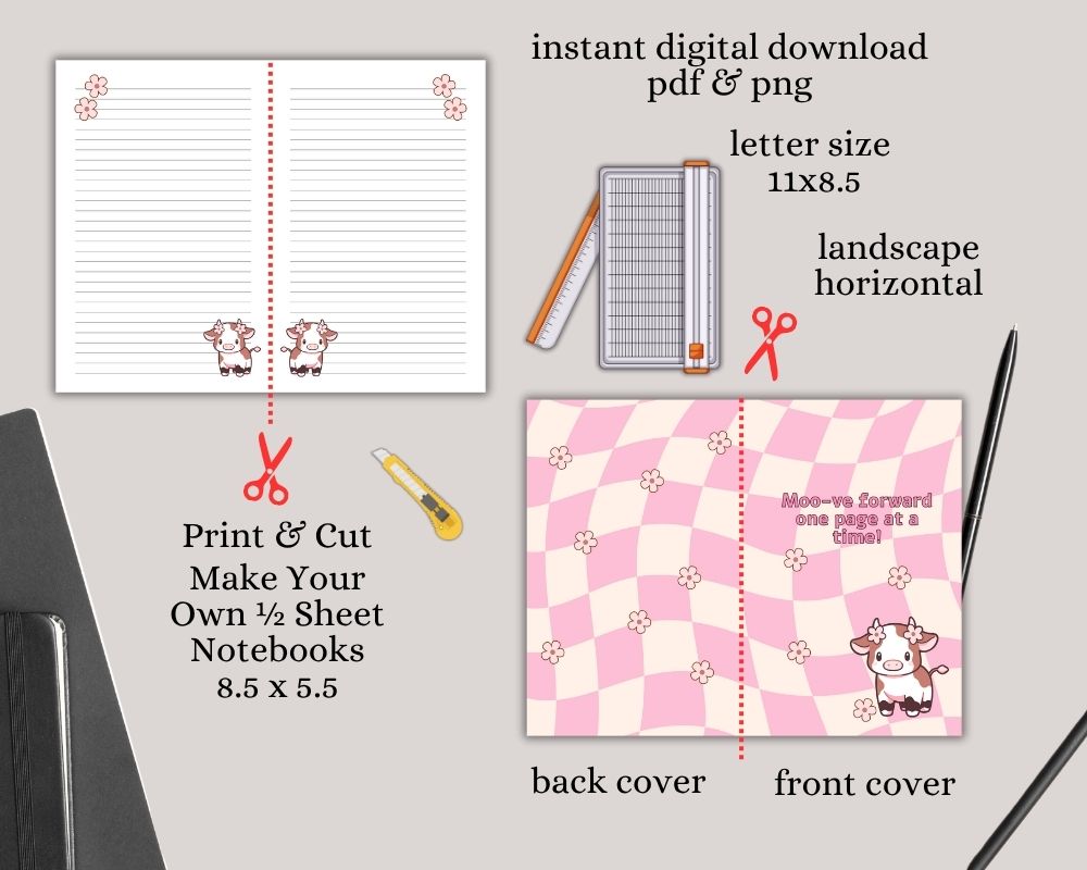 Pink Highland Cow Digital Lined & Dotted Grid Notebook PDF