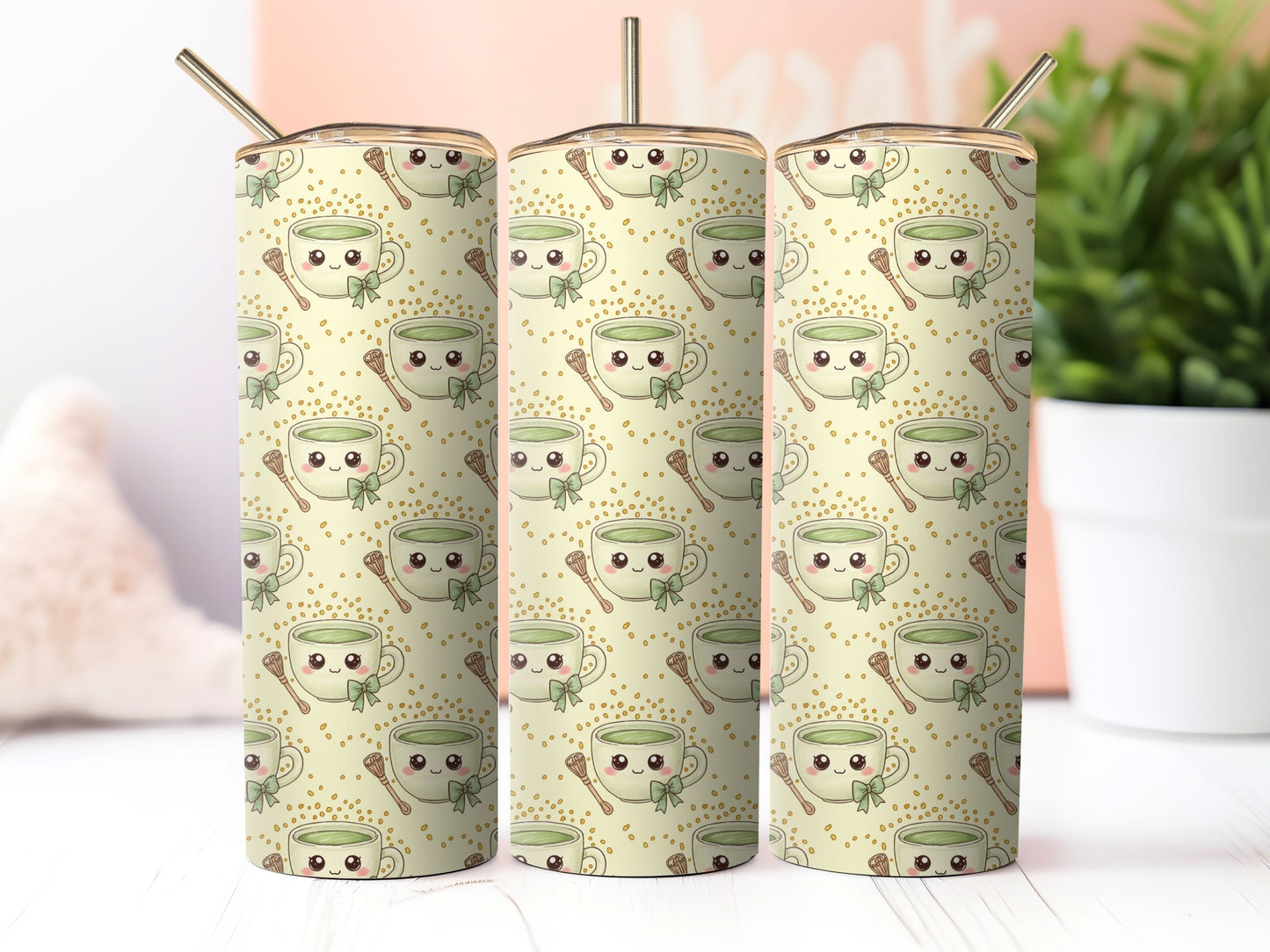 Kawaii Green Matcha Tea 2 Sublimation 20zo Tumbler Wrap PNG Digital Download