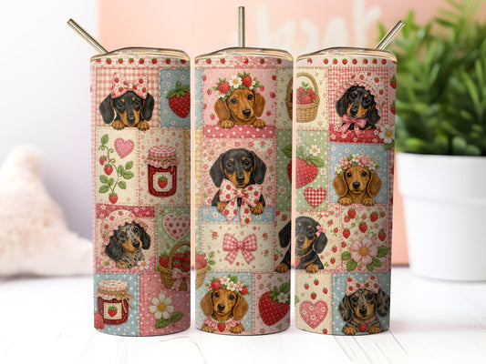Strawberry Dachshund Patchwork Sublimation 20oz Tumbler Wrap PNG Digital Download