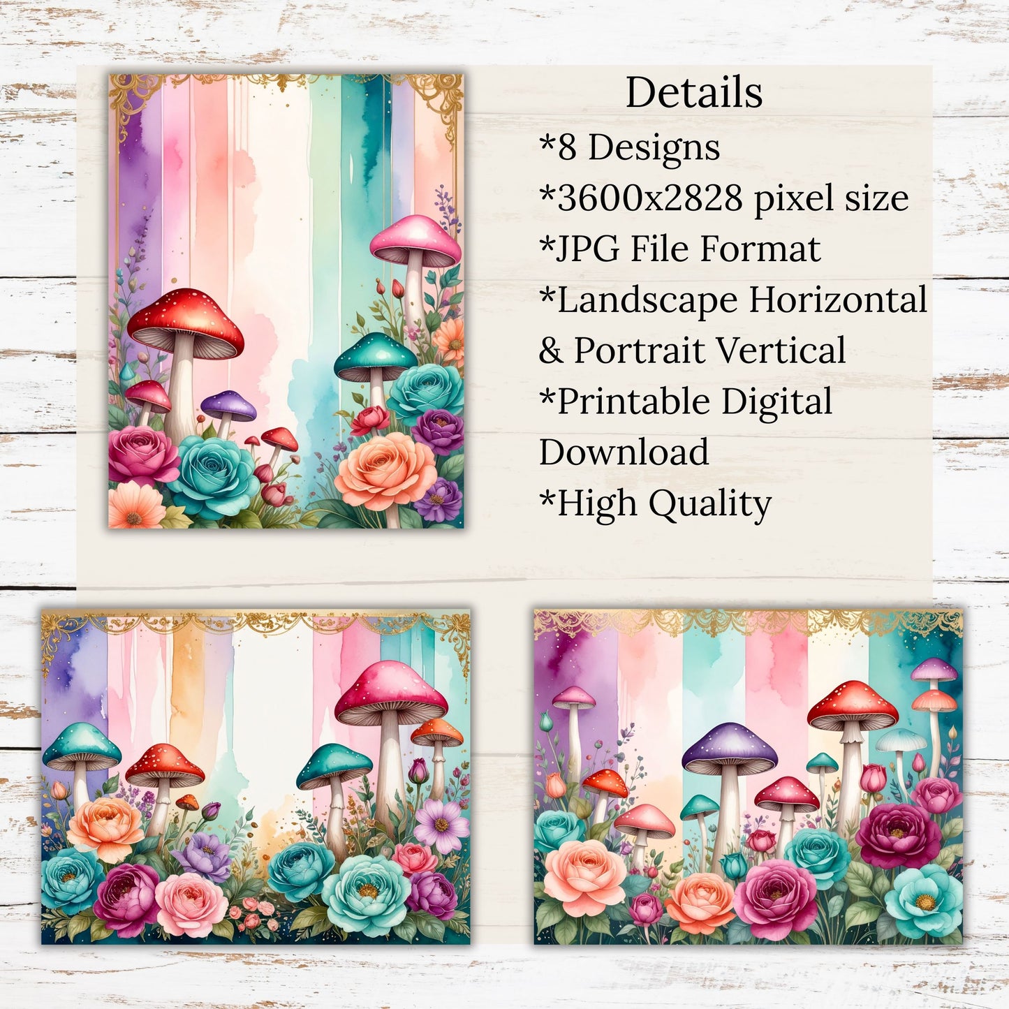 Multi Mushroom brushstroke Digital Paper Pack Bundle