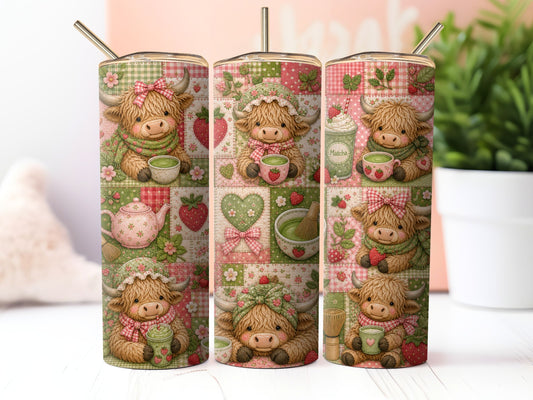 Strawberry Green Matcha Highland Cow Patchwork Sublimation 20oz Tumbler Wrap PNG Digital Download