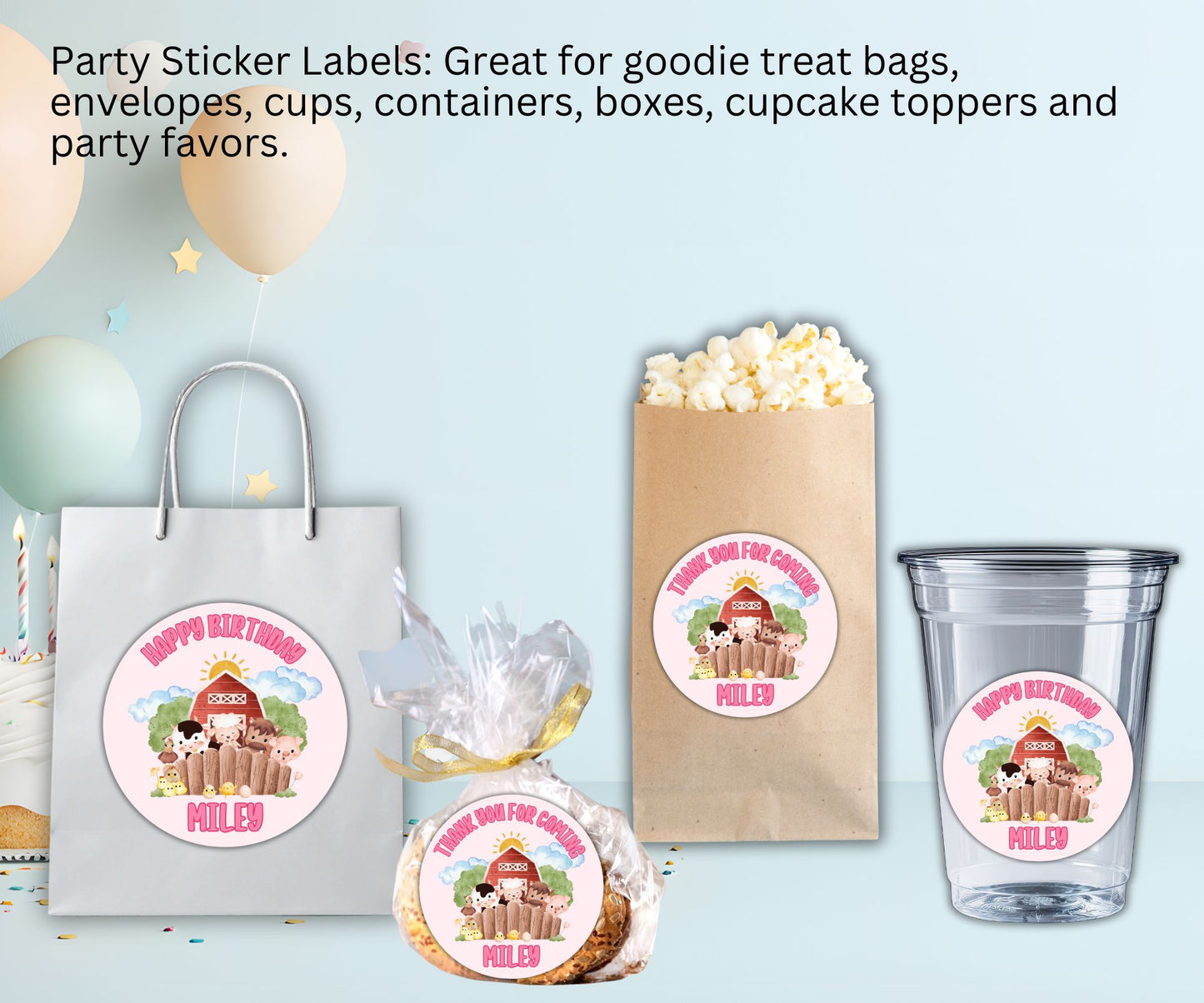 Girls Farm Animal Party Sticker Labels