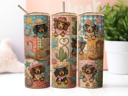 Western Dachshund Patchwork Sublimation 20zo Tumbler Wrap PNG Digital Download
