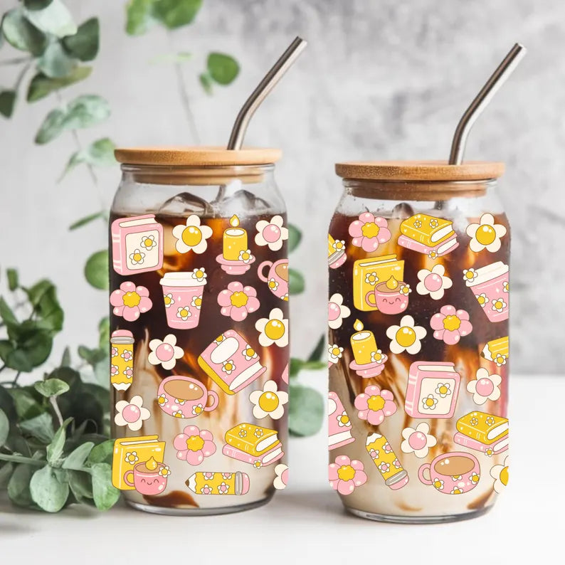 Groovy Book & Coffee Libbey Glass Can Cup Wrap