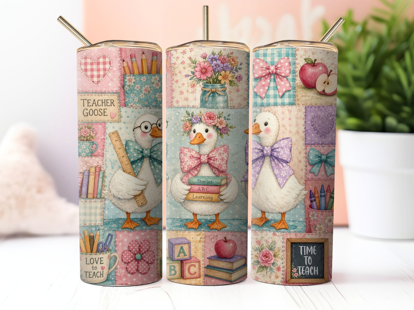 Teacher Geese Patchwork Sublimation 20zo Tumbler Wrap PNG Digital Download