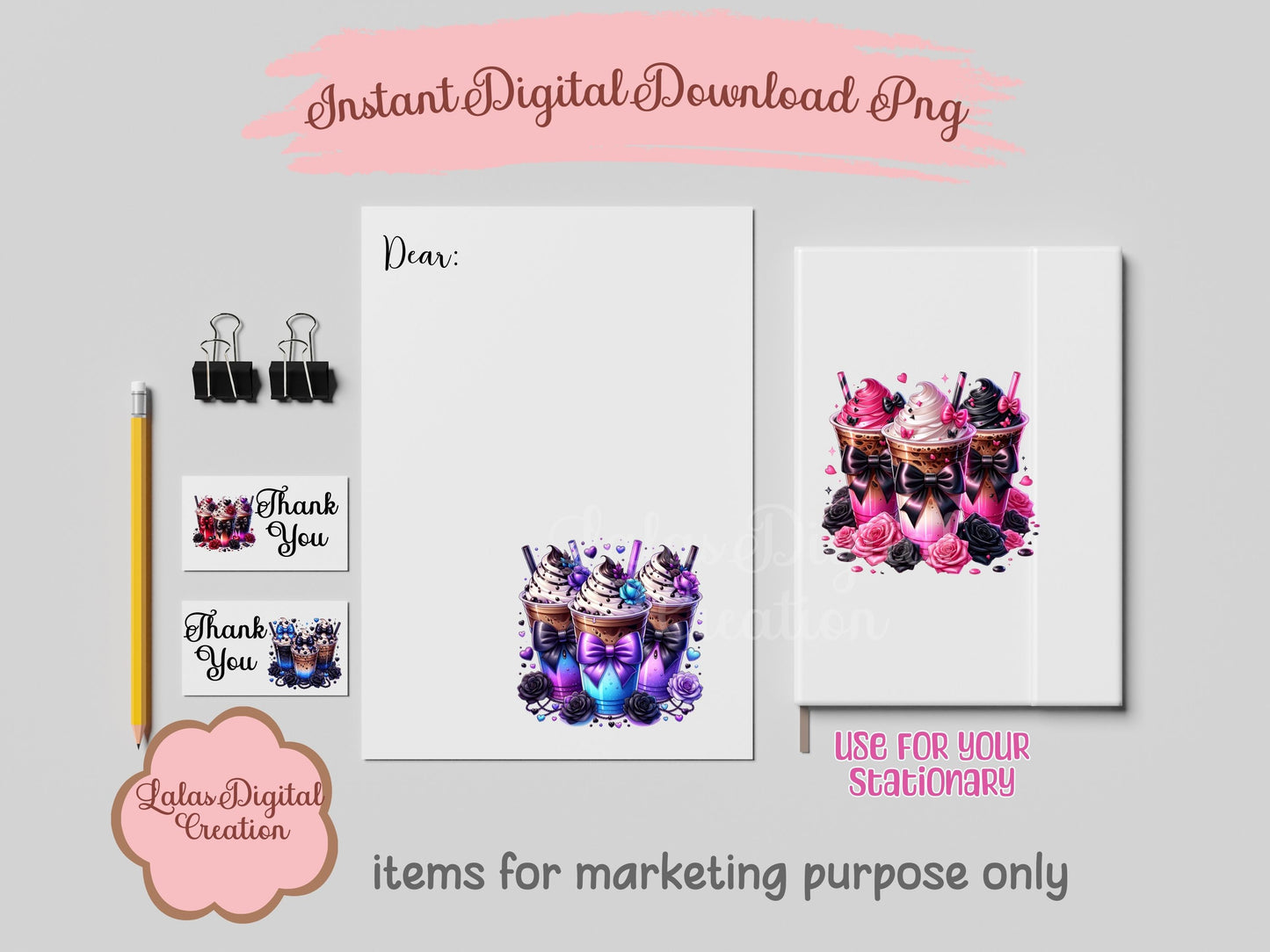 Cute Goth Coquette Bow Coffee Iced Drink Clipart Bundle Instant Digital PNG Download