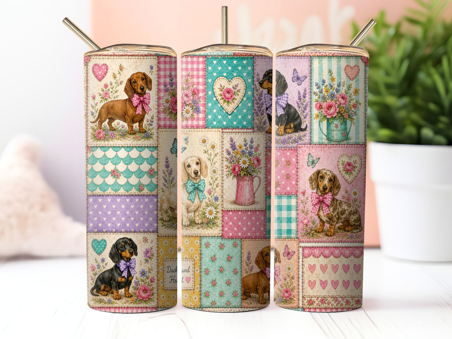 Dachshund Dog Patchwork Sublimation 20oz Tumbler Wrap PNG Digital Download