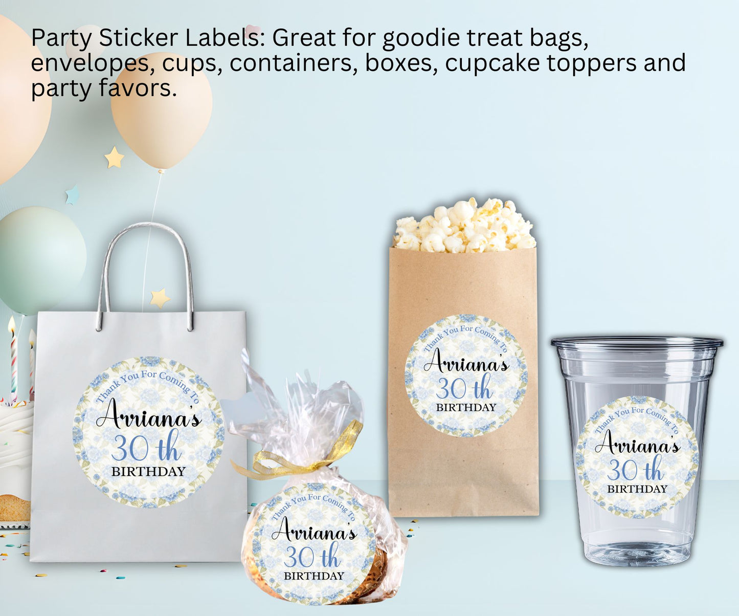 Blue Floral Birthday Party Sticker Labels