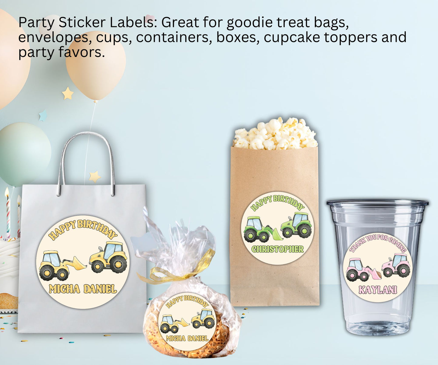 Boys Girls Tractor Party Sticker Labels