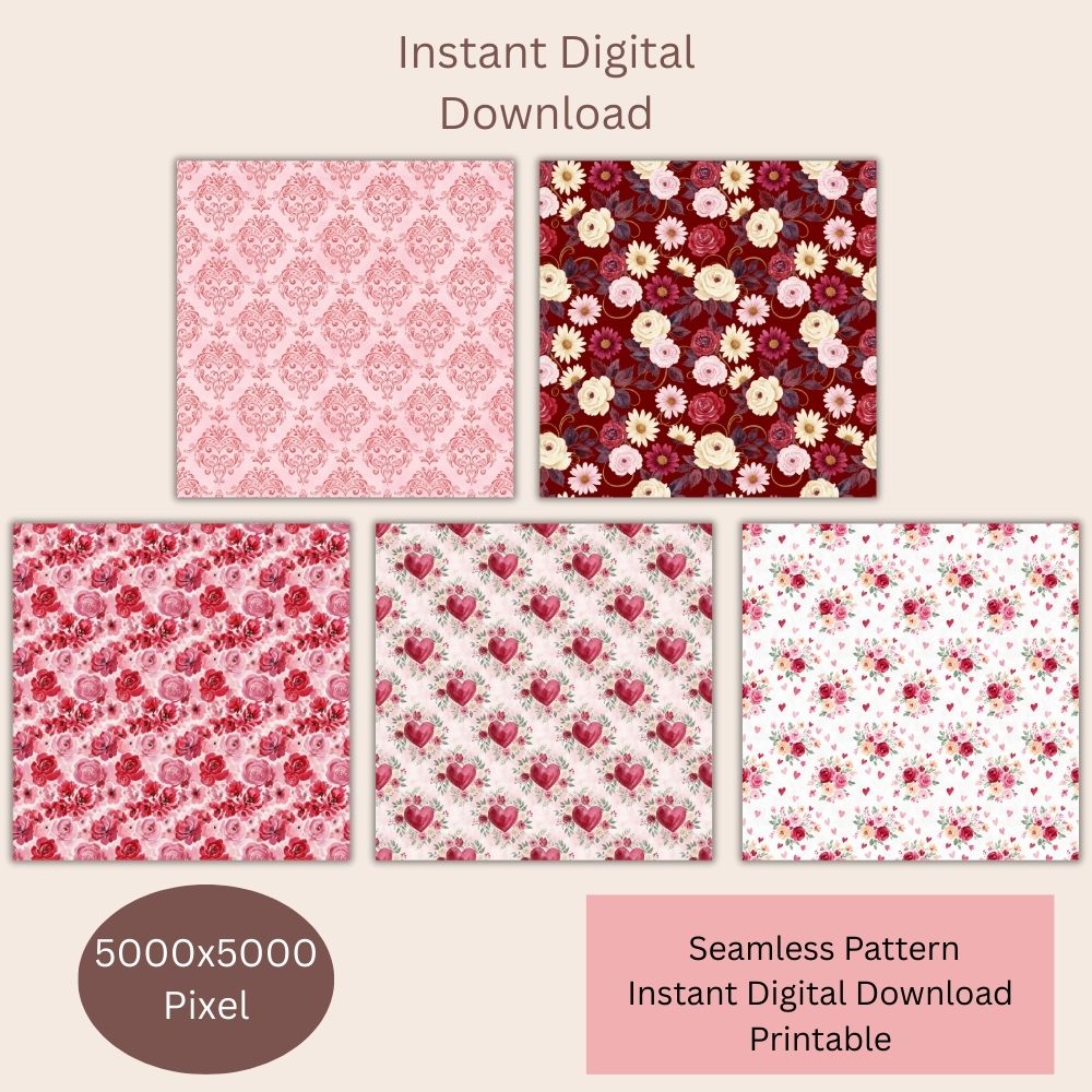 Hearts and Floral Seamless Repeating Pattern Paper Bundle Set