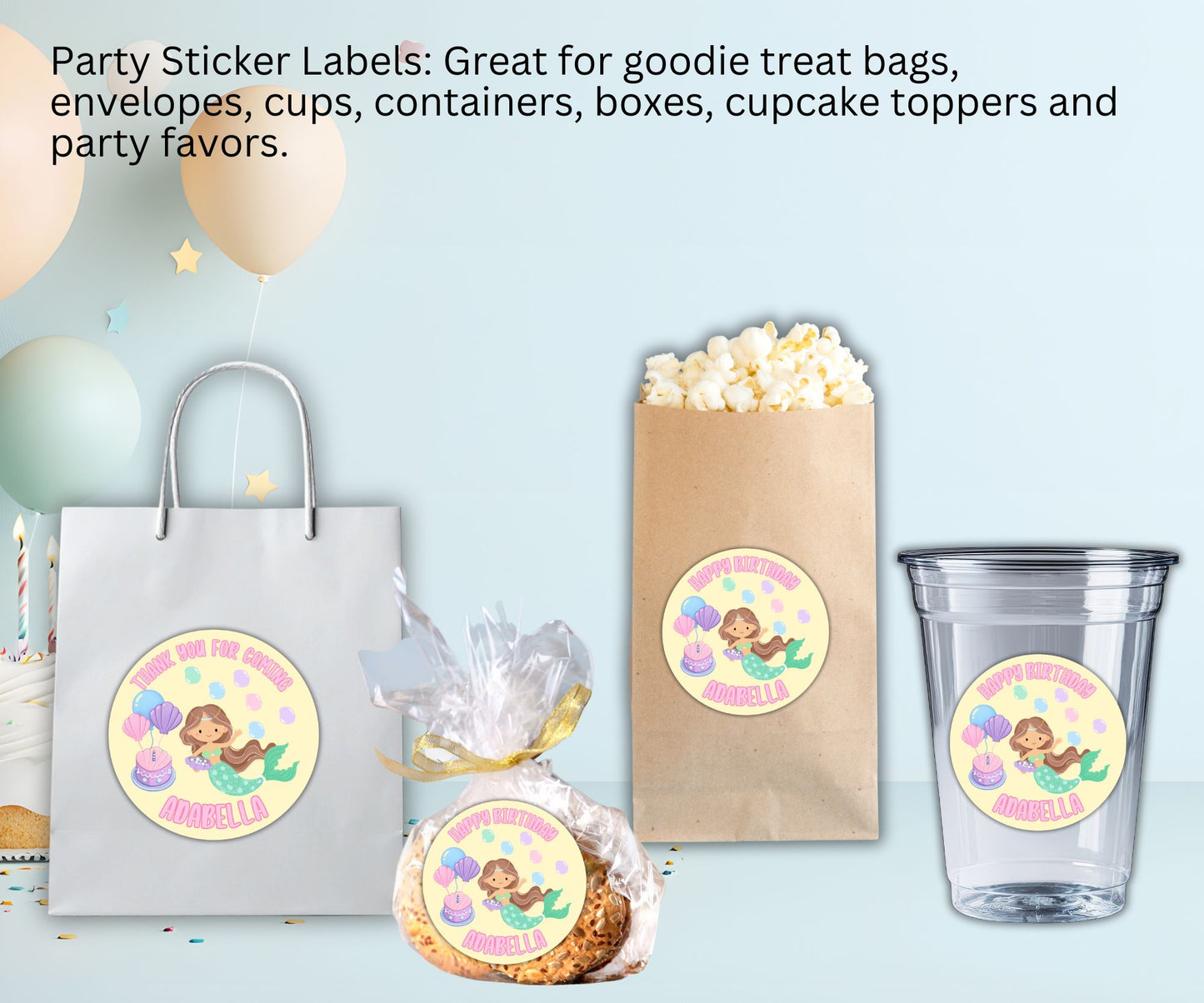Mermaid Girl Birthday Party Sticker Labels