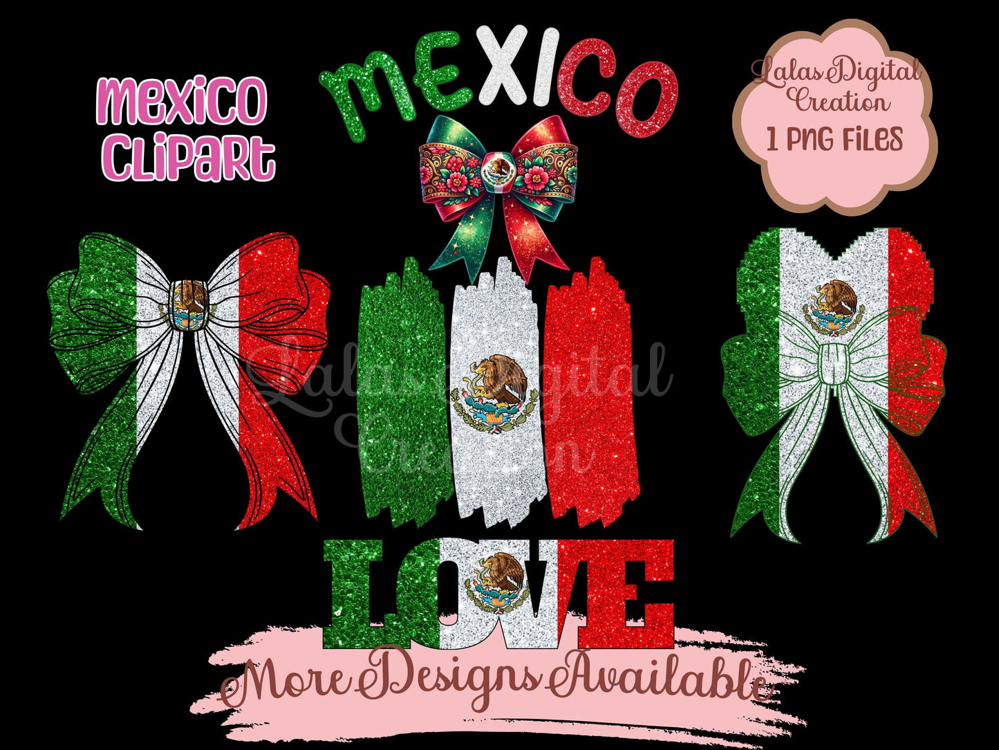 Mexico Flag Coquette Bow Clipart PNG INstant Digital Download