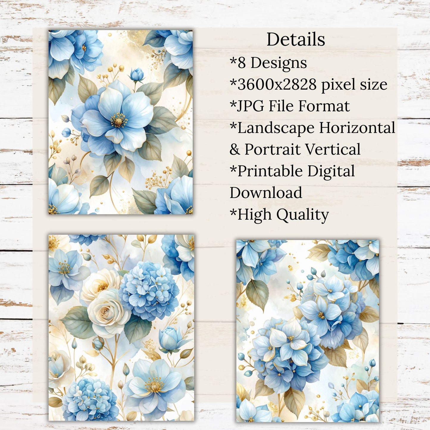 Blue Floral Digital Paper Pack Bundle