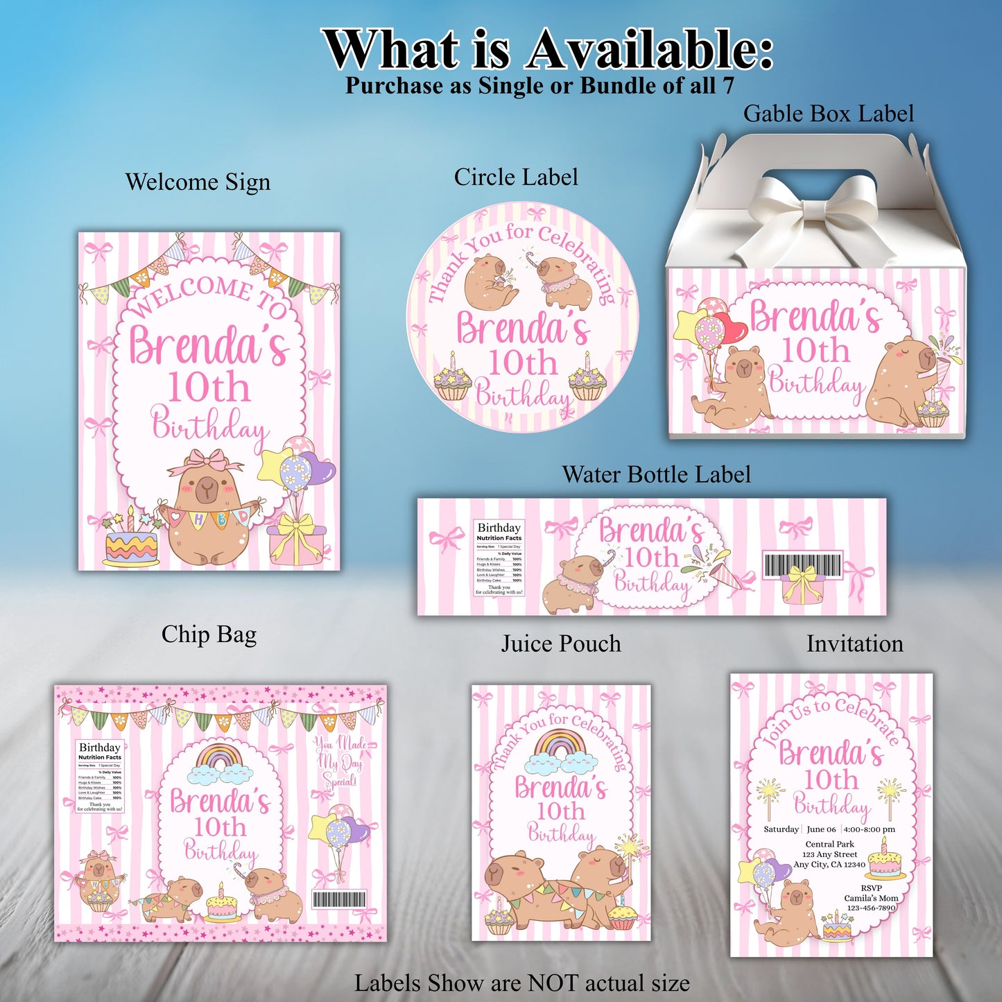 Pink Capybara Birthday Party Sticker Labels