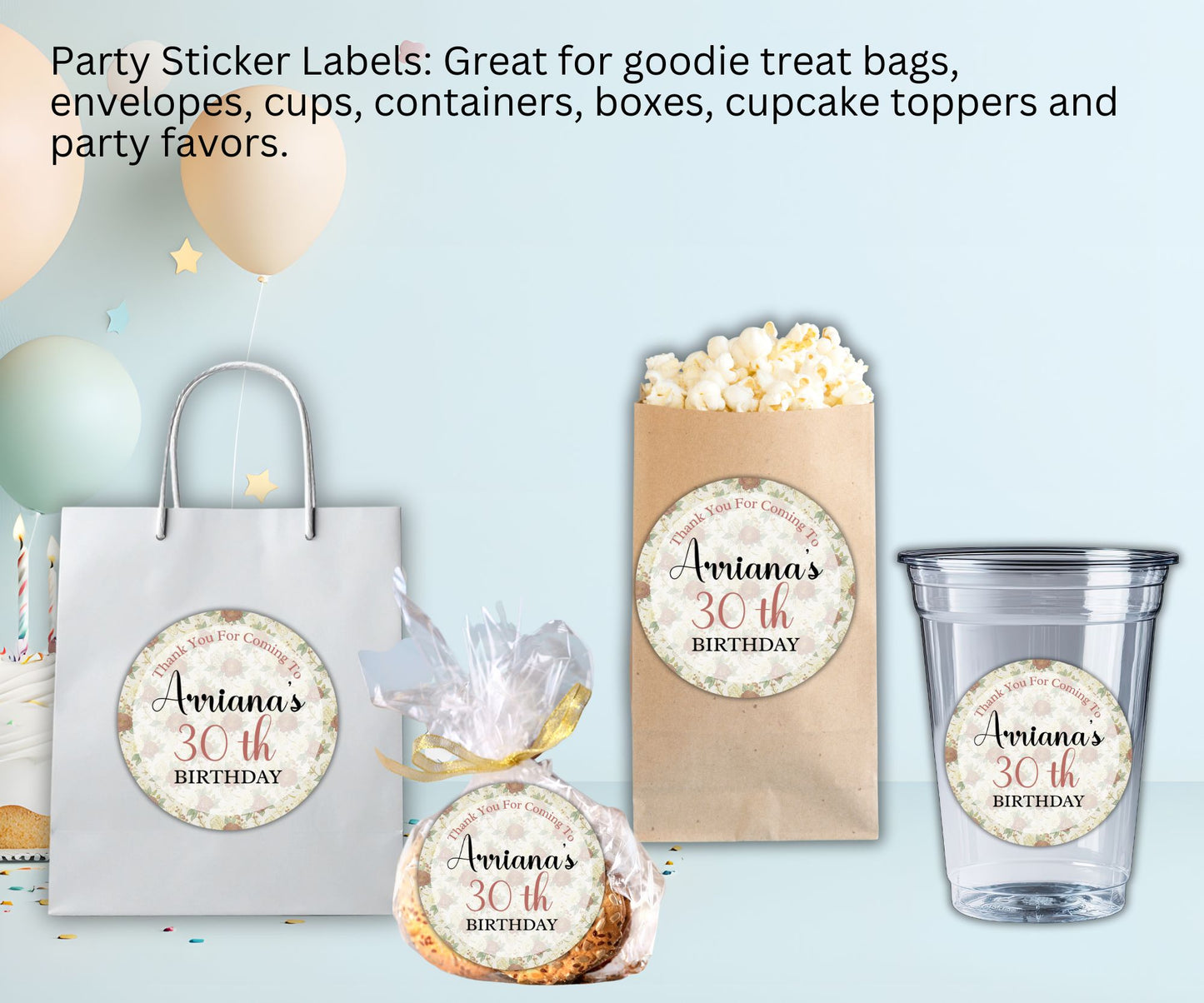 Rose Floral Birthday Party Sticker Labels