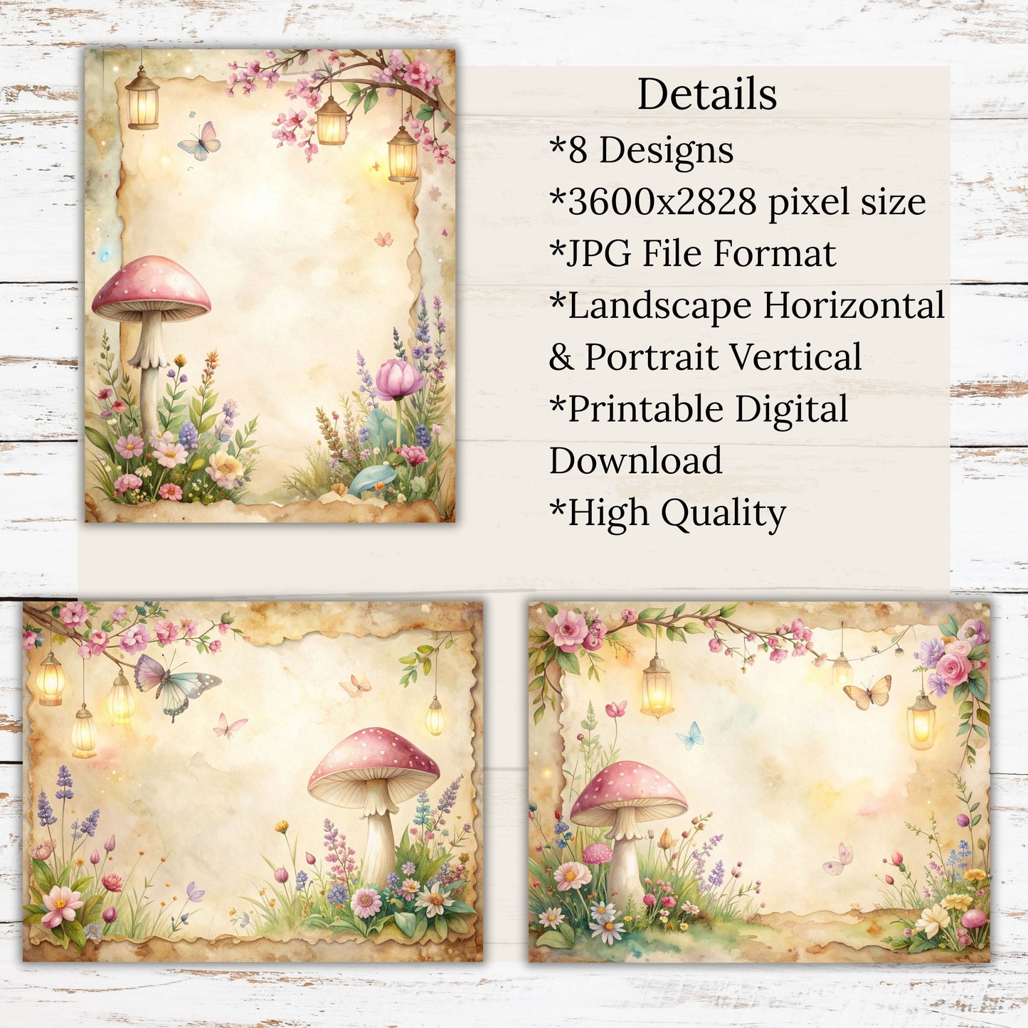 Vintage Pink Mushroom Digital Paper Pack Bundle