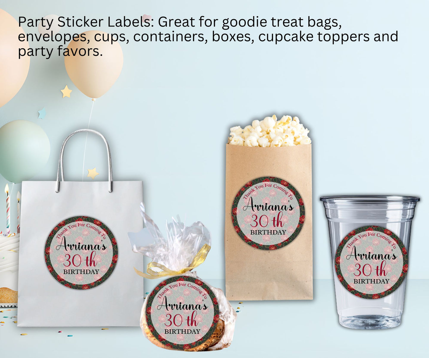 Red Rose Birthday Party Sticker Labels