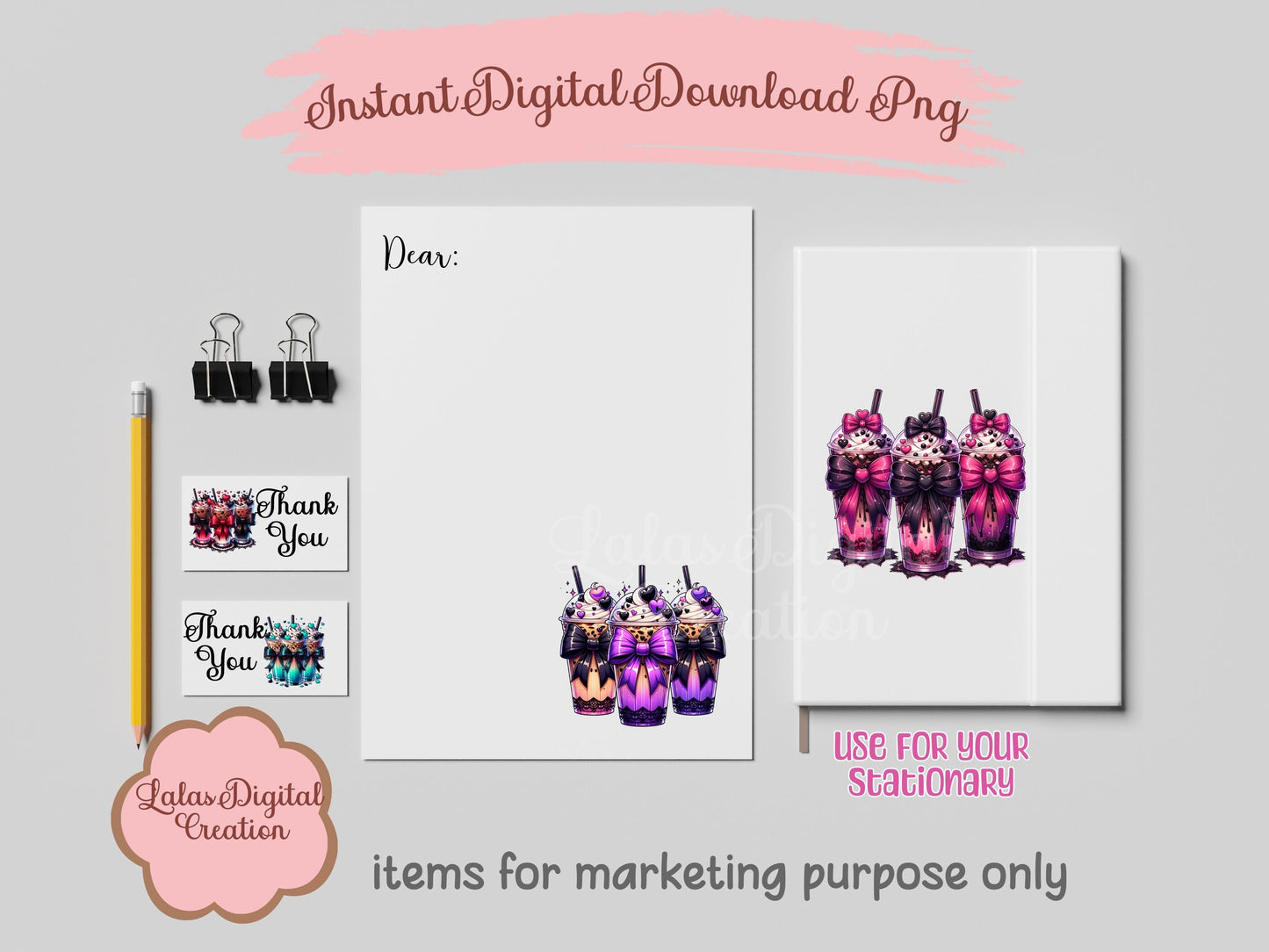 Goth Lace Bow Iced Coffee Drink Clipart Bundle Instant Digital PNG Download