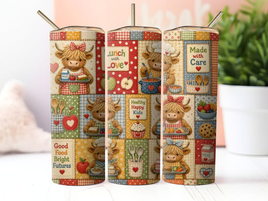 School Lunch Lady Highland Cow Patchwork Sublimation 20oz Tumbler Wrap PNG Digital Download