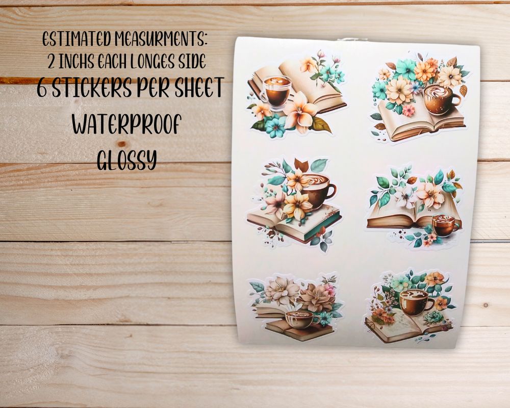 Coffee and Book Sticker Sheet-Waterproof Vinyl Durable-Scrapbook Stickers-Novelty Sticker