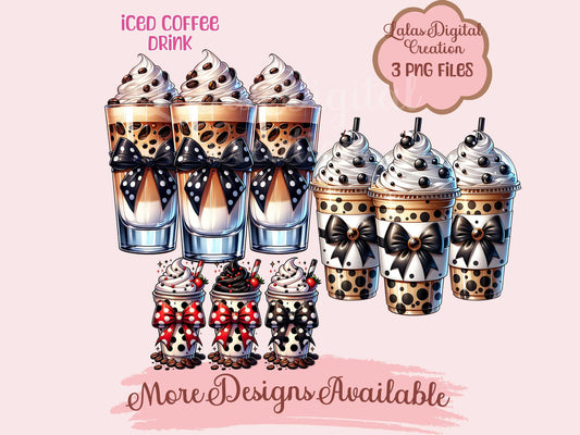 Polka Dot Iced Coffee Drink Coquette Bow Bundle Clipart PNG Instant Digital Download