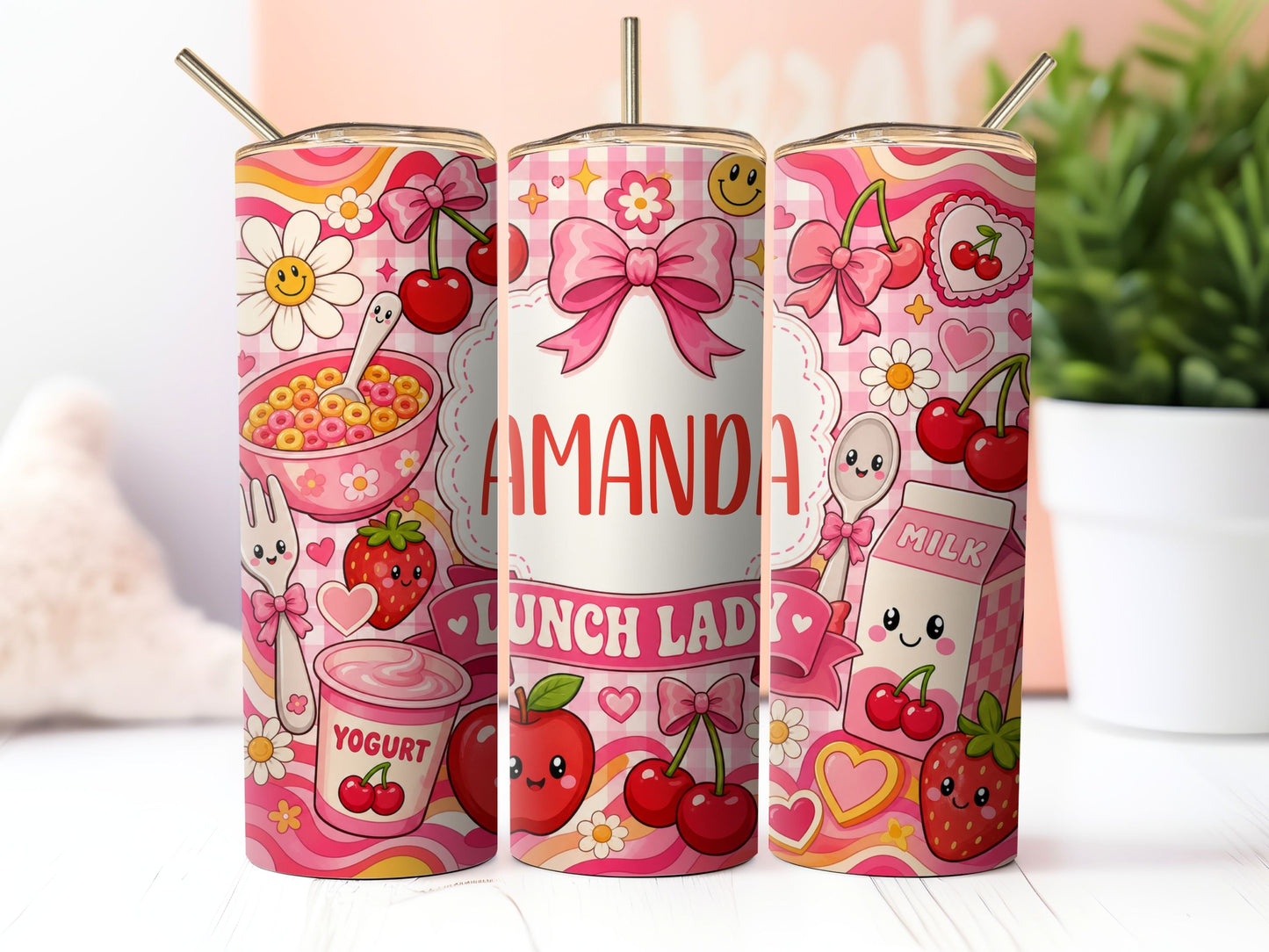 Groovy Cherry Lunch Lady Patchwork Sublimation 20oz Tumbler Wrap PNG Digital Download
