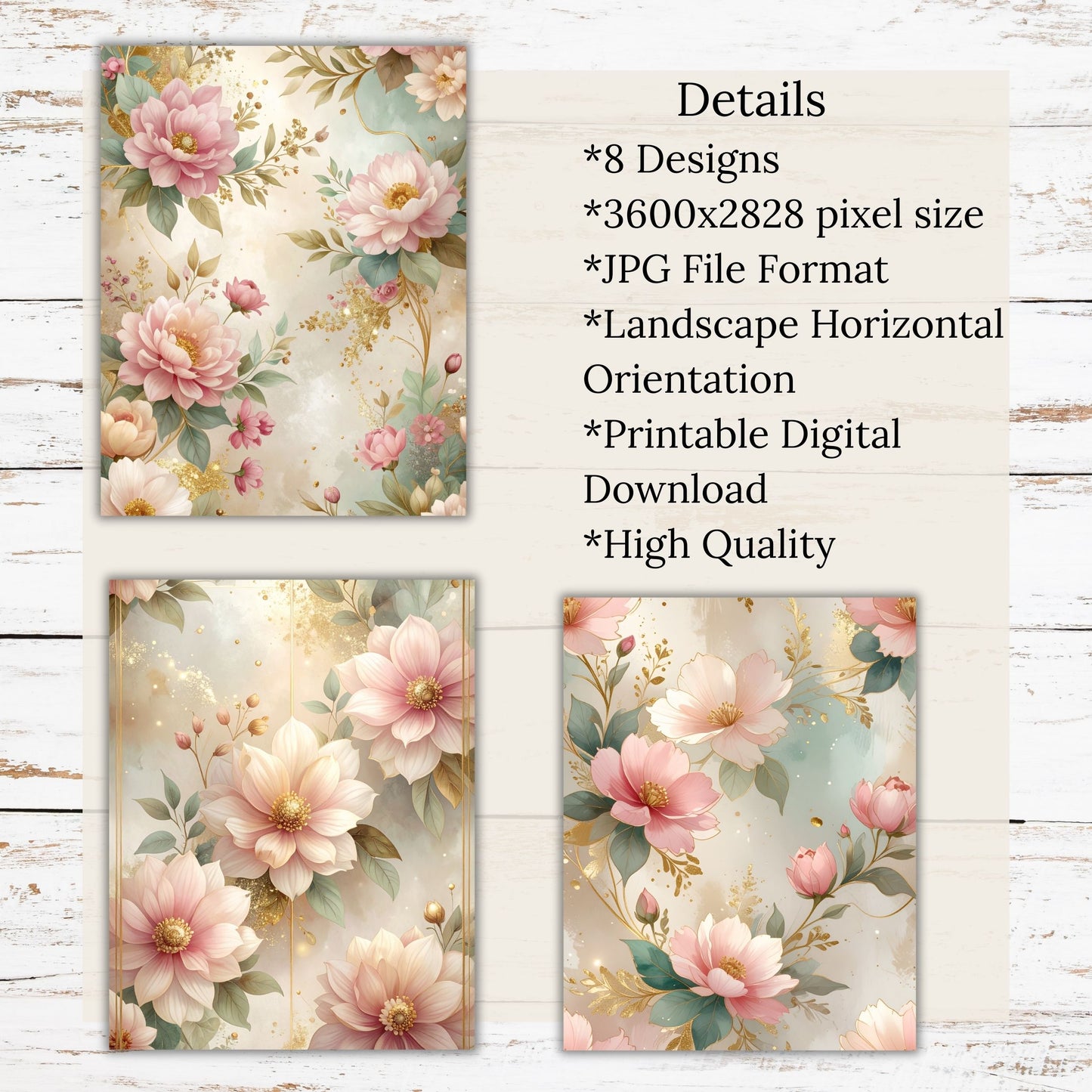 Pink Floral Gold Trim Digital Paper Pack Bundle