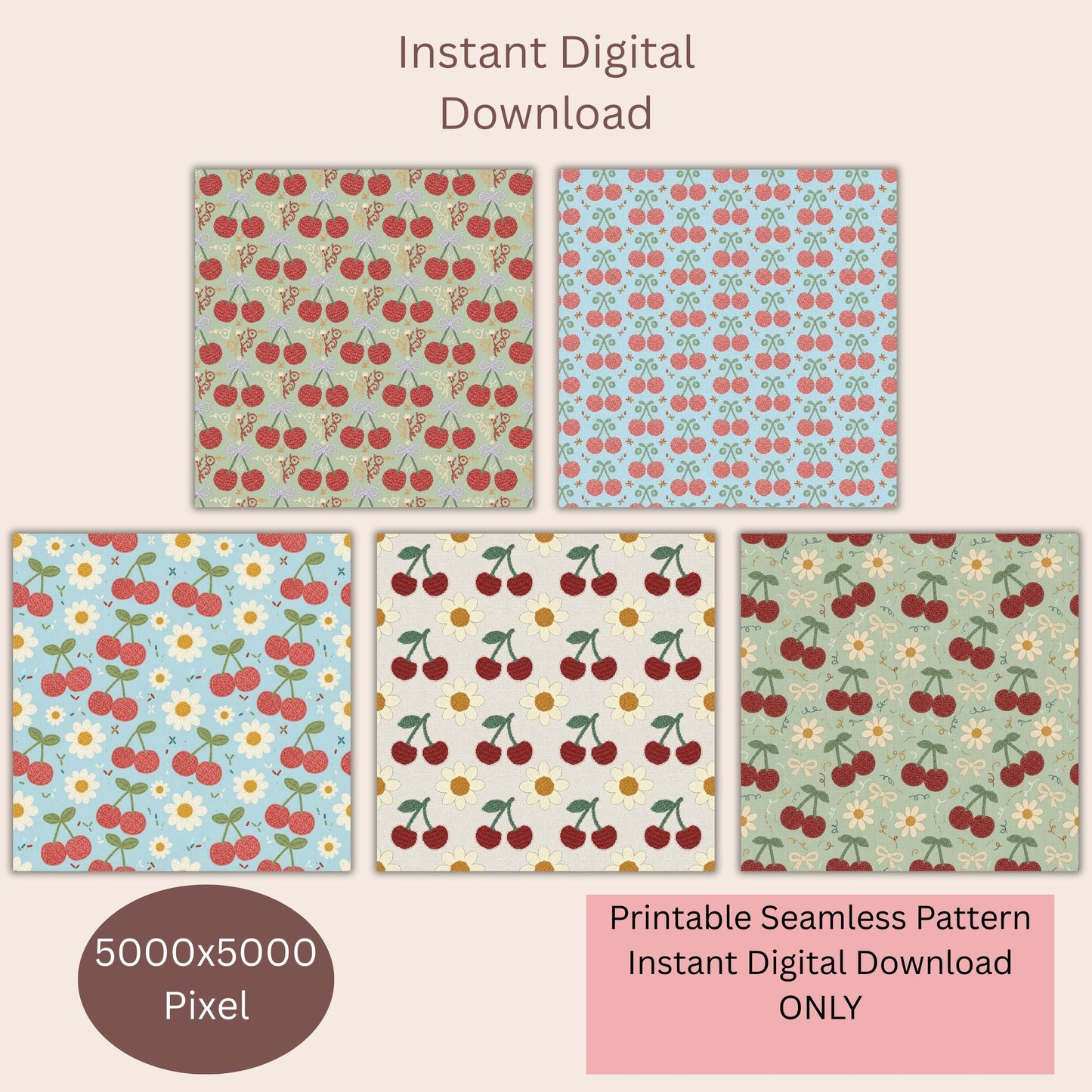 Faux Crochet Cherry 5 Seamless Repeating Pattern Paper Bundle
