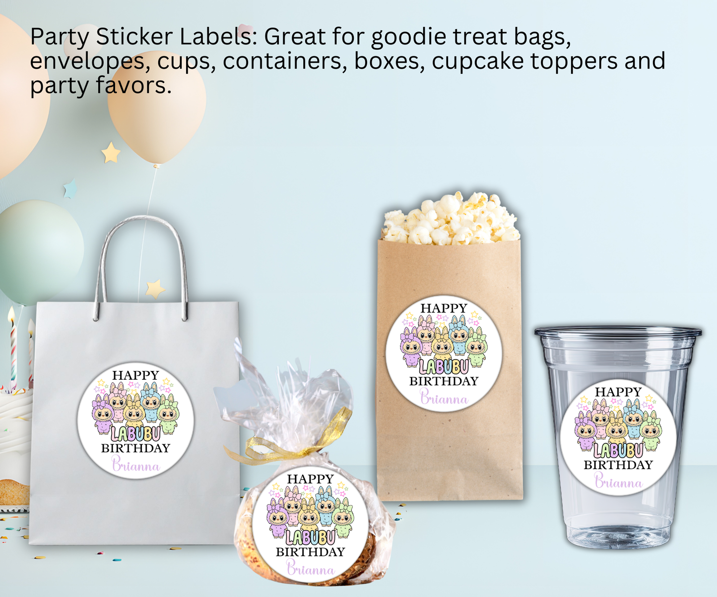 Pastel Labubu Birthday Party Sticker Labels